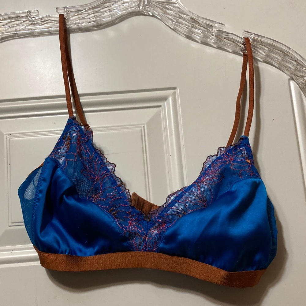 Auden Blue Satin & Brown‎ Trim Lace Bralette XS